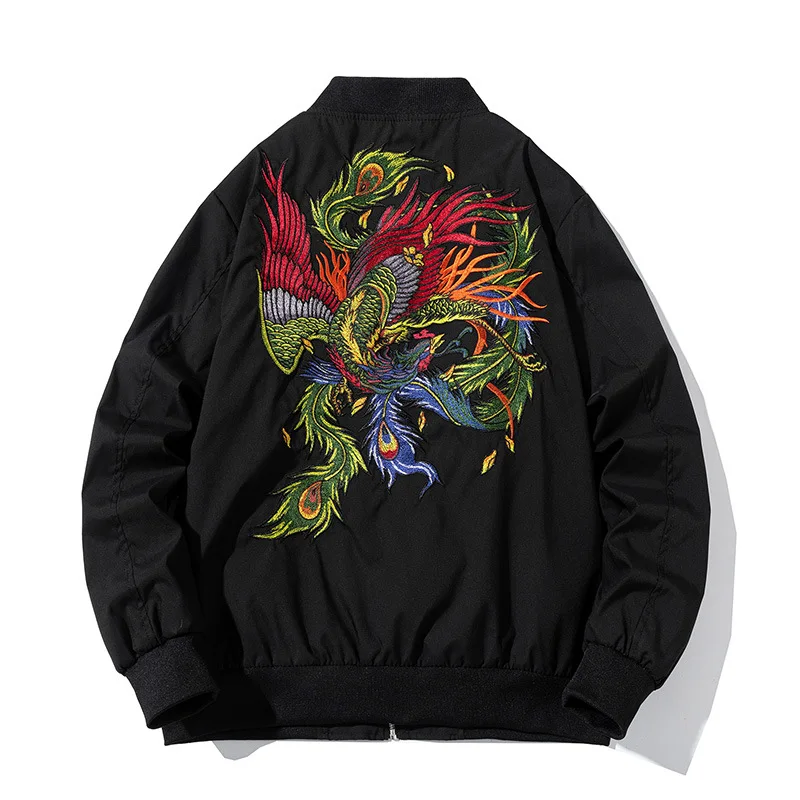 Spring and Autumn Couple's Black Phoenix Embroidery Coat Loose Top Clothes Men's Jackets Baseball Uniform Casual Cardigan