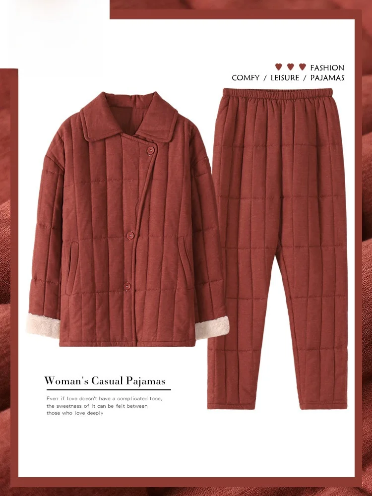  Стеганая пижама из кораллового флиса женская осенне-зимняя трехслойная