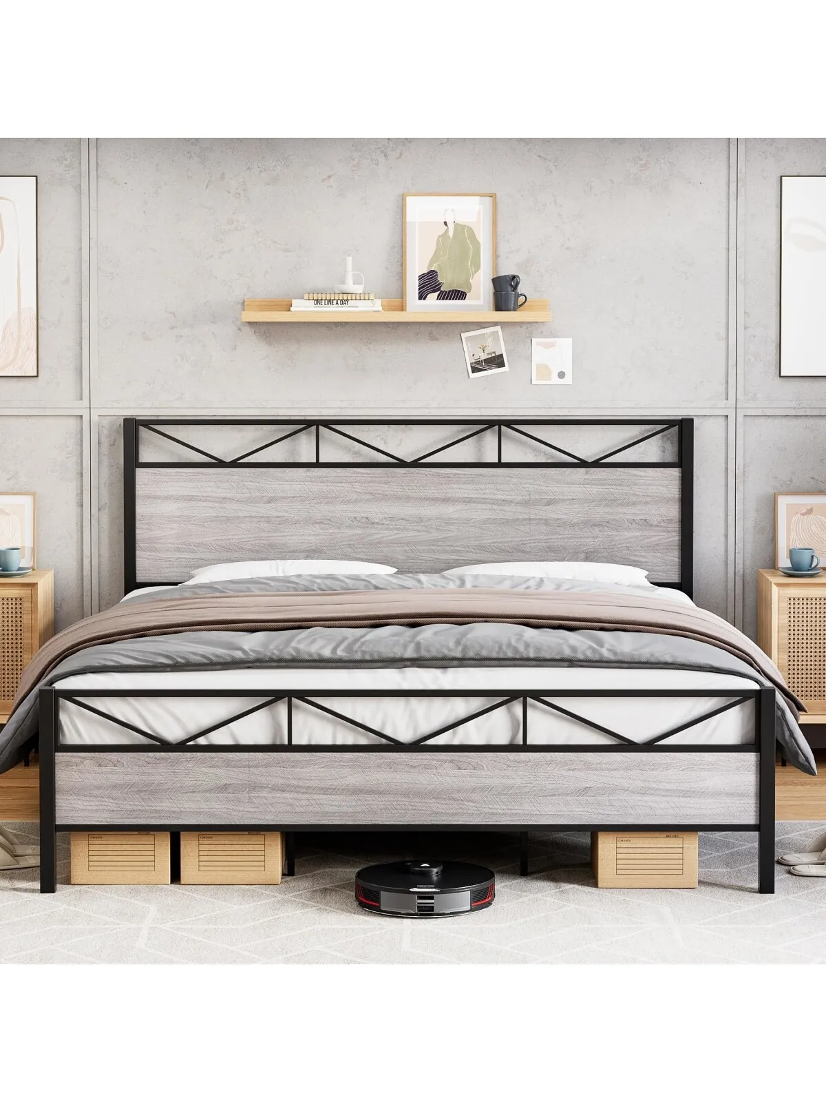 With Rustic Wood Headboard, Metal Platform Bed Frame King Heavy Duty, Sturdy Steel Slat Support, No Box Spring Needed