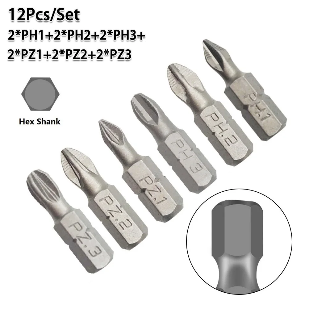 

12Pcs Non-Slip Batch Head Phillip Bits Hex Shanked Screwdriver Magnetic Single Head PH1 PH2 PH3 PZ1 PZ2 PZ3 Hand Repair Tools