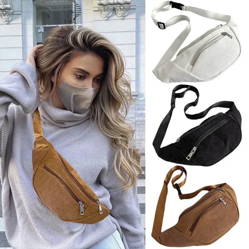 

Vintage Corduroy Waist Bag for Women Zipper Chest Bag Female Banana Bag Money Pouch Shoulder Bags Purse Pocket Crossbody Bag