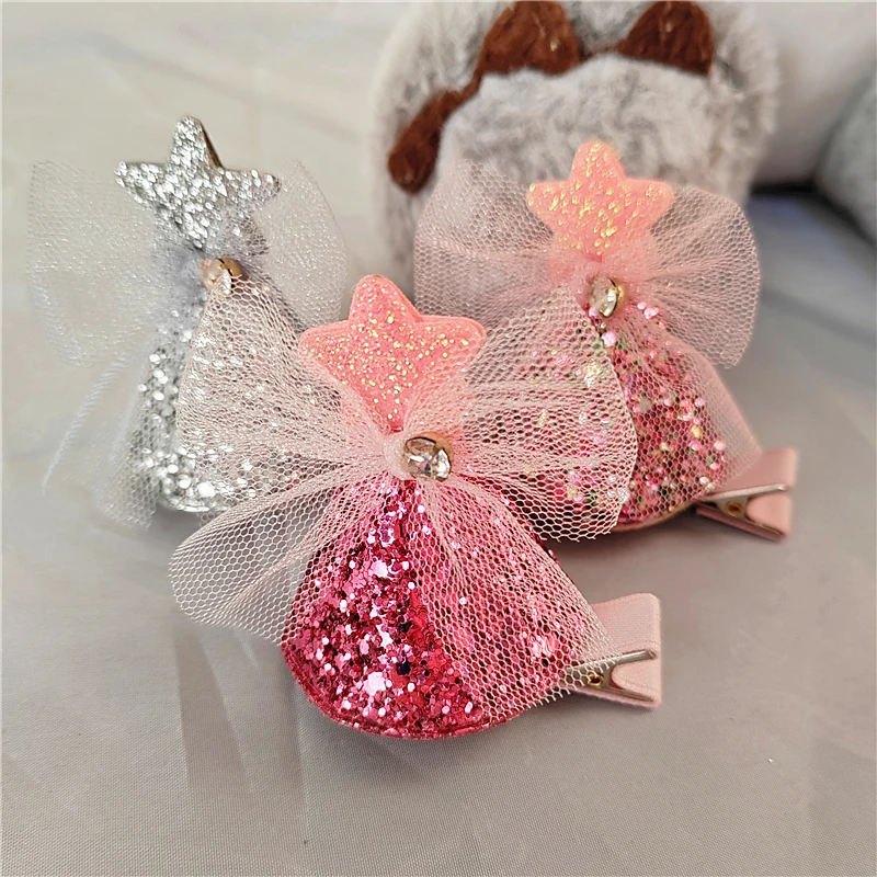 

10PCS/LOT Lovely Pinzas Para El Cabello Gauze Bows Hair Accessories For Girls Glitter Mini Stars Crystal Hairpins Solid Hat Clip