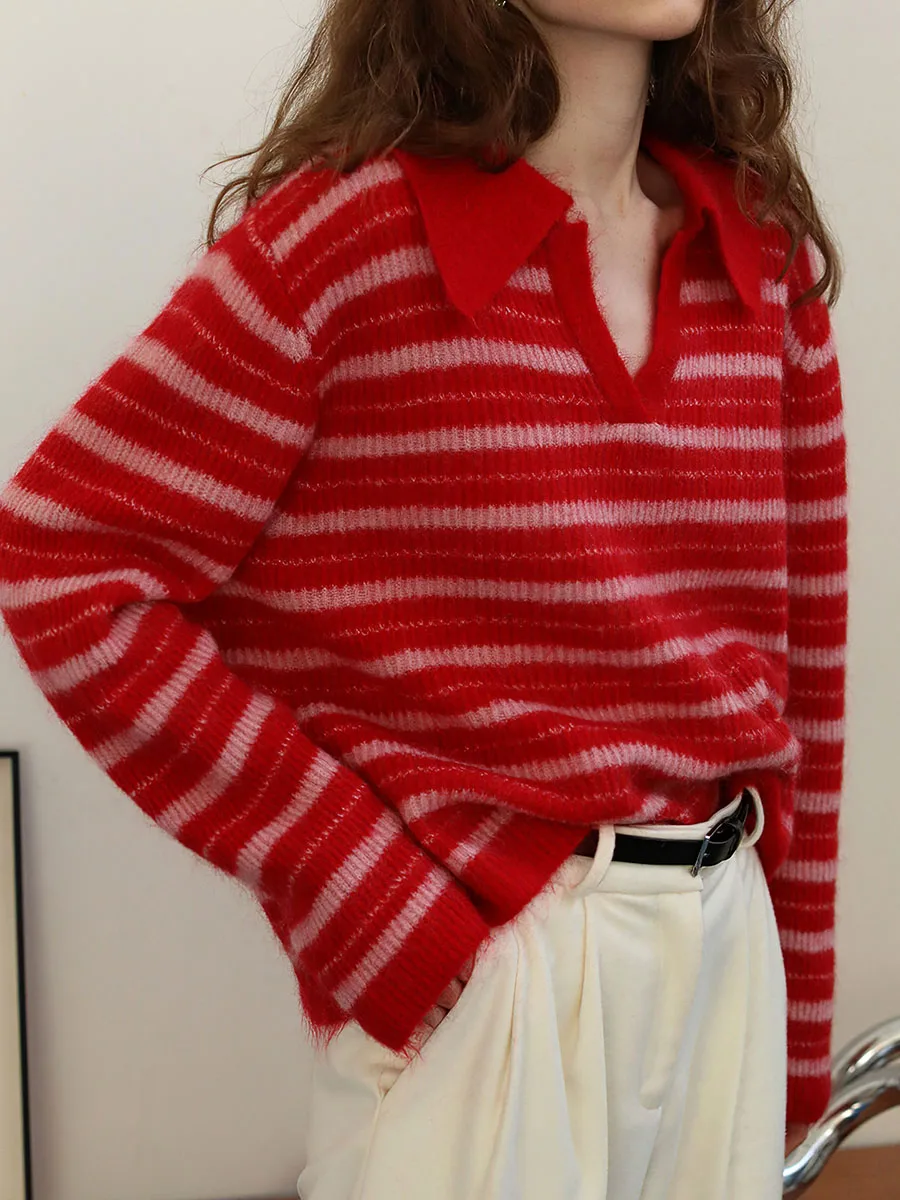 

Red Striped Jumper Pull Woman Elegant Turn Down Collar Long Sleeve Loose Knitwear Sweater Autumn Female French Casual Pullover