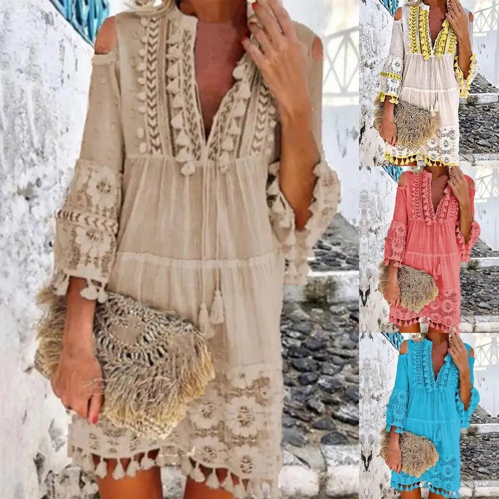 

Chic Shift Dress Comfy High Waist Bohemian Short Dress 3/4 Sleeve Women Mini Dress Sundress