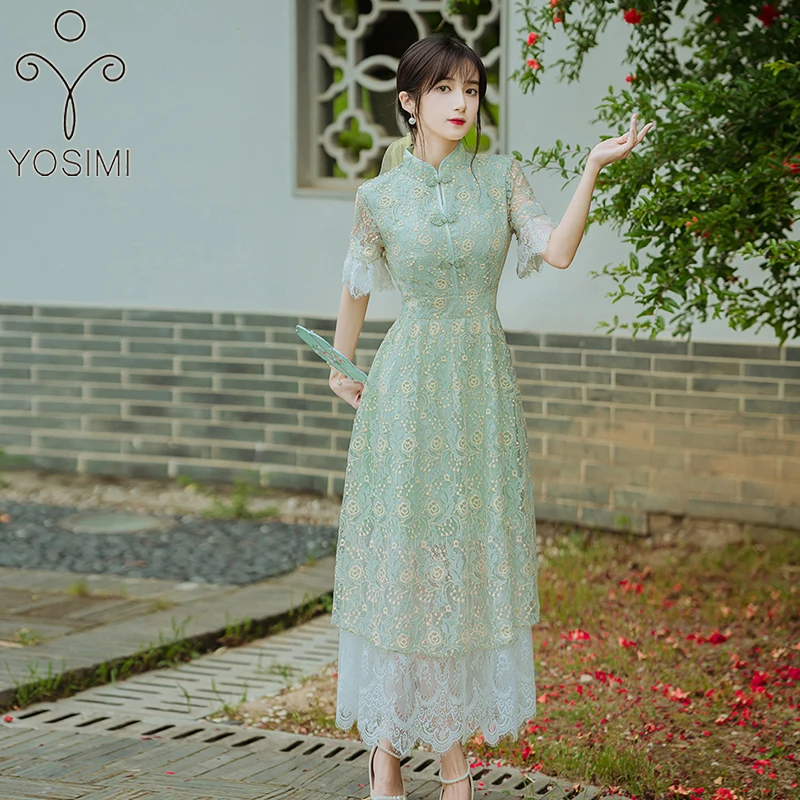 

YOSIMI Green Lace Long Women Dress Elegant Qipao 2022 Summer Short Sleeve Mid-calf Fit and Flare Chinese Stlye Cheongsam Dress