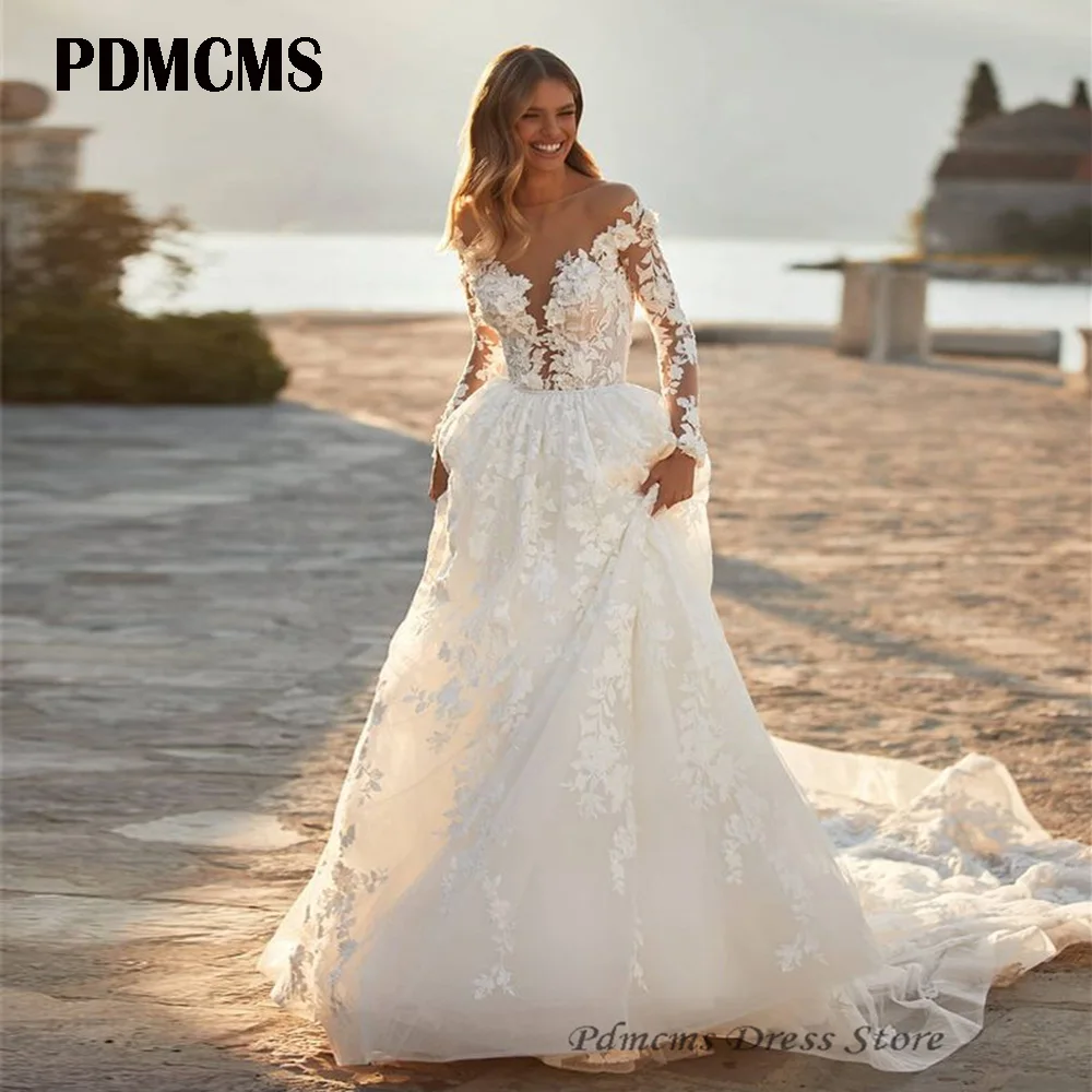 

PDMCMS кружевные свадебные платья с длинным рукавом и глубоким V-образным вырезом, сексуальное женское платье со шлейфом и аппликацией, платье невесты