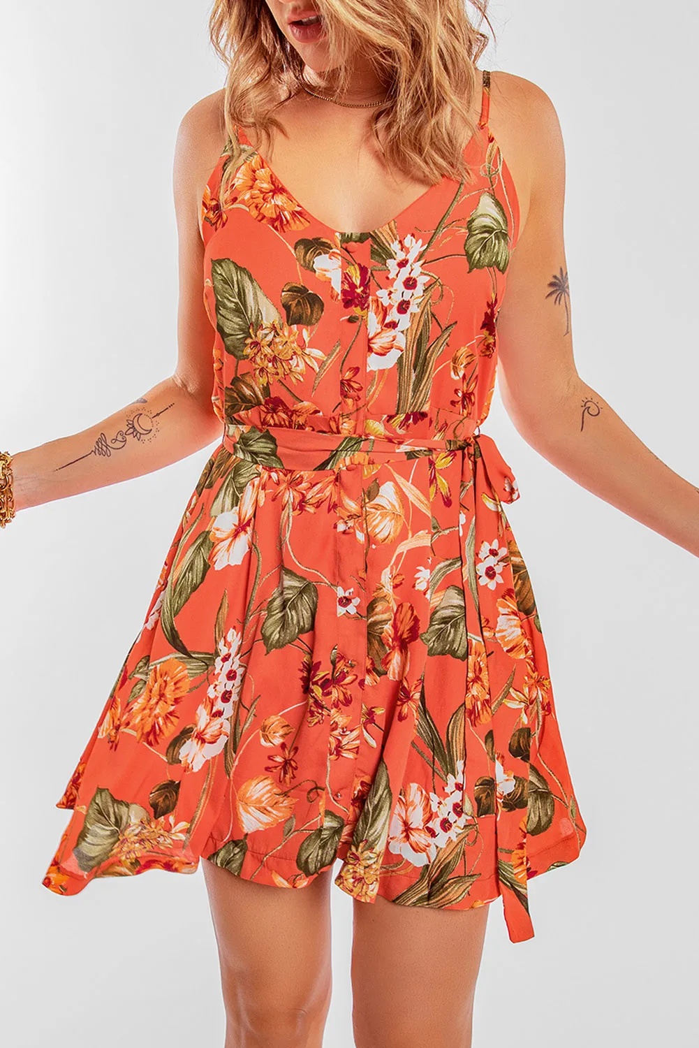 

Orange Sleeveless A-line Floral Dress for Women