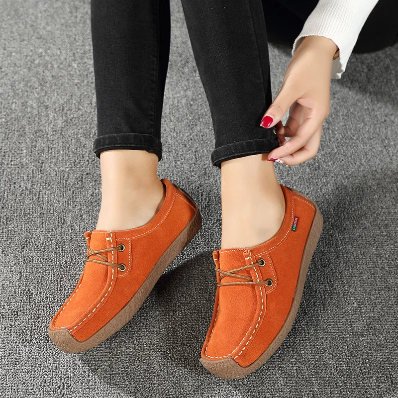 Women's Genuine Leather Shoes Outdoor Casual Flats Women Handsewn Suede Loafer 5 Colors Size:35-42 Walking Shoes