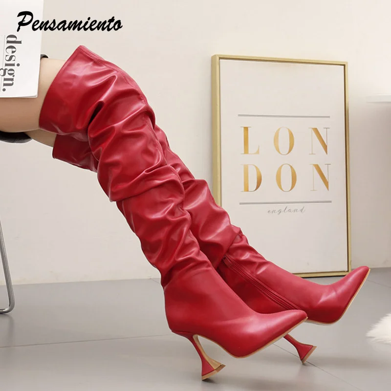 

Женские модельные высокие сапоги до бедра, модные плиссированные Дизайнерские Сапоги выше колена на высоком каблуке, осенне-зимние кожаные сапоги Botas Mujer