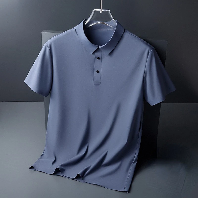 

2022 summer ice silk traceless youth thin quick drying short sleeve T-shirt Lapel solid color versatile men's wear