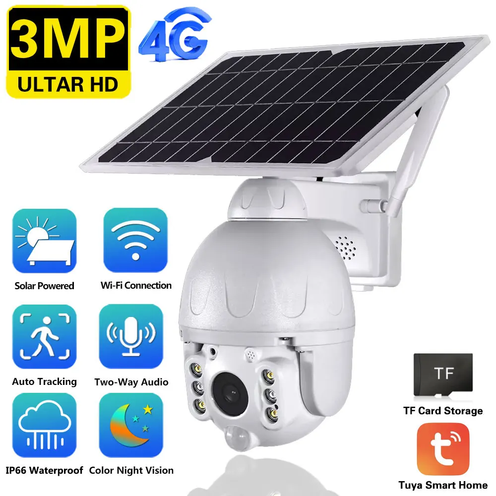 

3MP CCTV PIR Motion Detection Solar Surveillance Camera 4G SIM Card PTZ IP Camera Waterproof 30M Colorful Night Vision Tuya APP