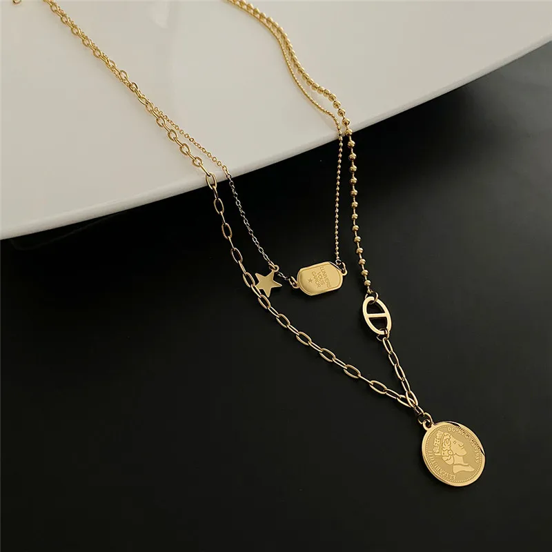 

Titanium Steel Double Layer Portrait Coin Pendant Necklace Fashion Men and Women Hip Hop Jewelry