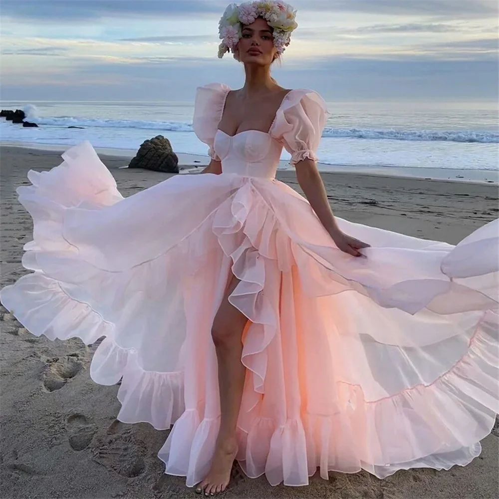 

Charming Princess A-Line Prom Dress Sweetheart Short Puff Sleeves Party Evening Gown Tiered Ruffles Tulle Robe De Soriee Custom