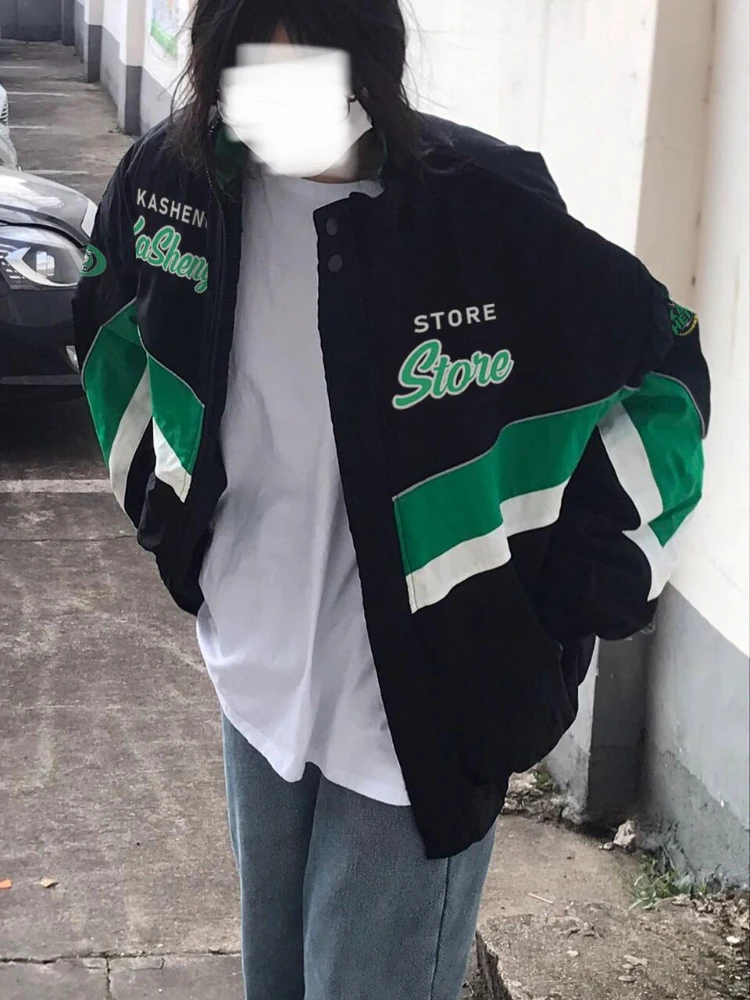 

Deeptown Vintage Y2K Zip Up Bomber Jacket Women Harajuku Oversized Windbreaker Coats Retro Causal Varsity Jacket Kpop Streetwear