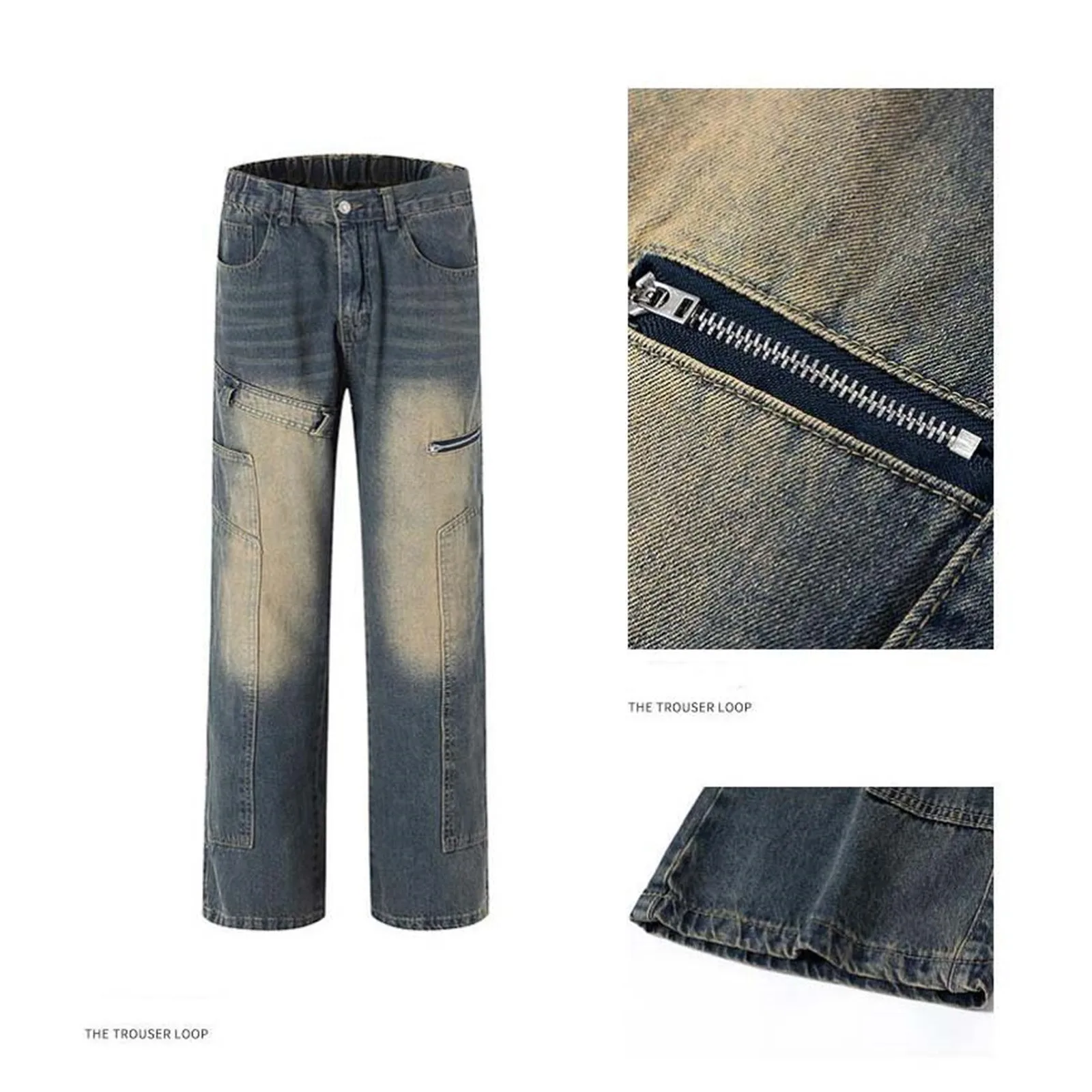 Джинсы на молнии для мужчин тяжелой промышленности 2024 весна и осень ретро