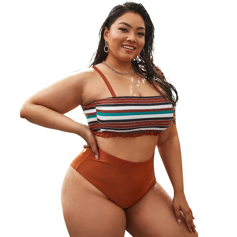 Striped Plus Size Women's 2 Pieces Bandeau Bikini Swimsuit Large Size Off Shoulder High Waist Bathing Suit High Cut Swimwear 4XL