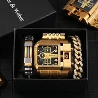 men quartz wristwatches with box luxury gold square big dial fashion business waterproof quartz watch bracelet gift set for men