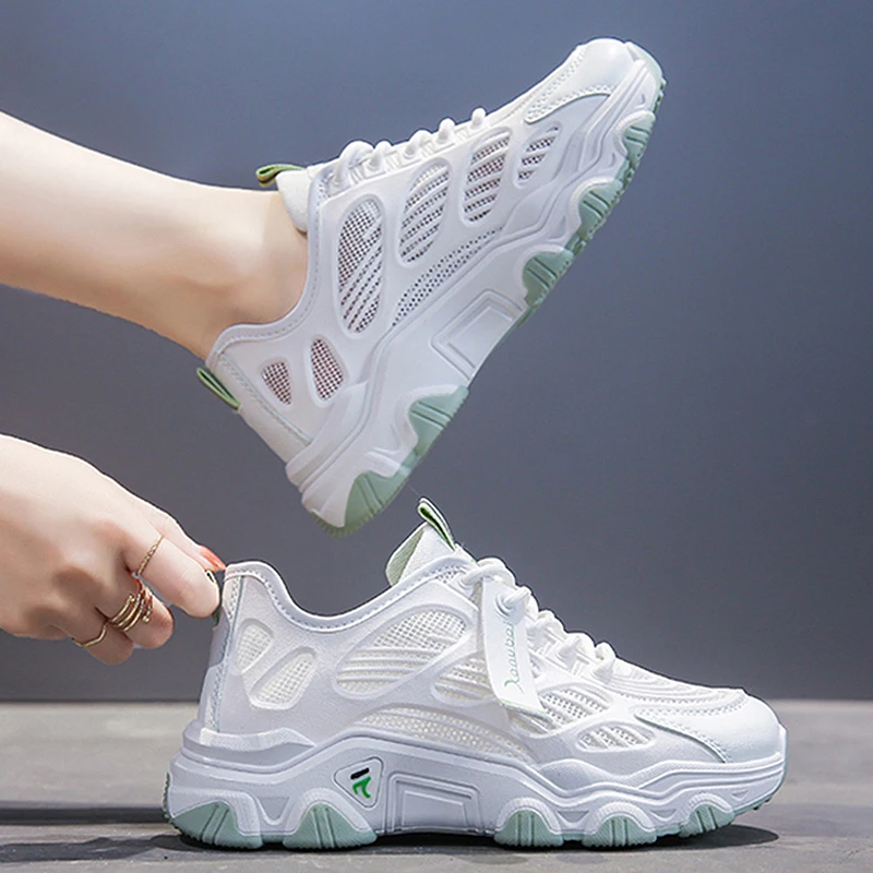 

Hollow White Shoes on Platform Sports Shoes Women Breathable Mesh Lace-up Design Fashion Outdoor Female Running Sneakers Summer