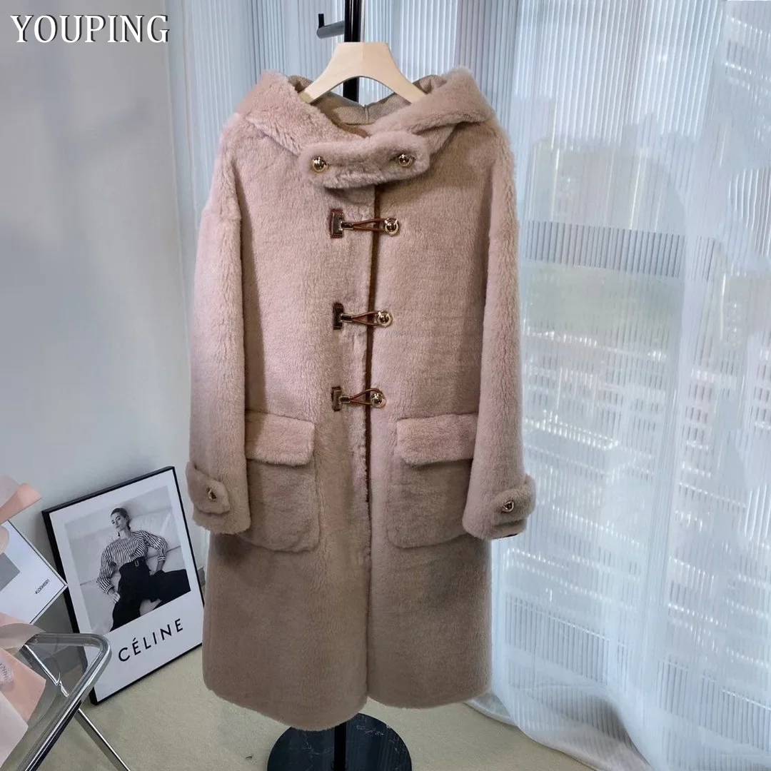 YOUPING Women 2022 Autumn Winter Real Fur Coat Hooded Sheep Shearling Jacket Wool Fur Coat Long Female Warm Genuine Fur Outwear