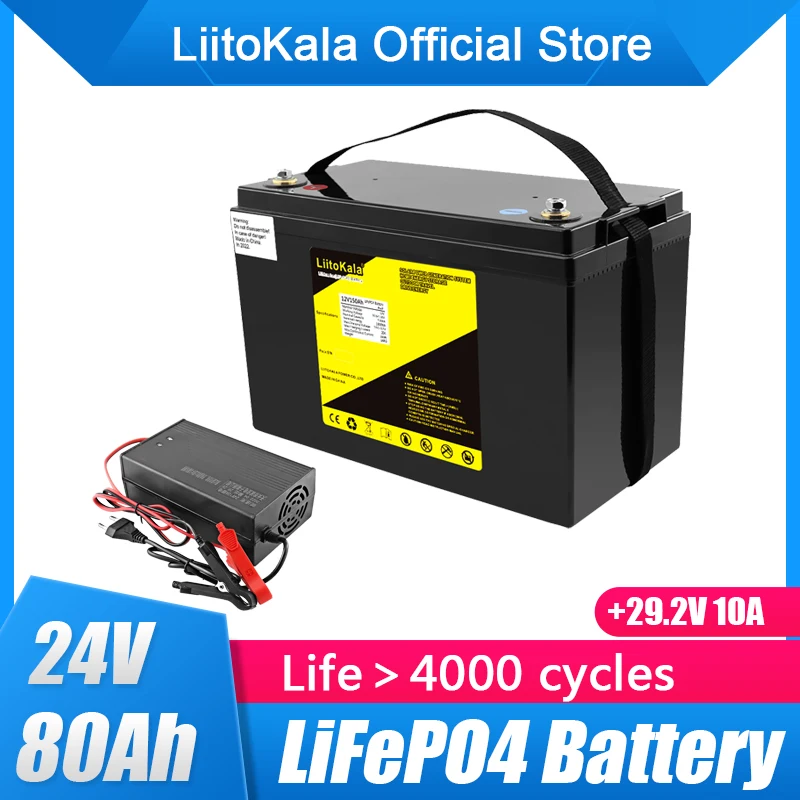 

LiitoKala 24V 80Ah Lifepo4 battery lithium with 100A BMS for inverter solar panel scooter backup power boat light 29.2V 10A