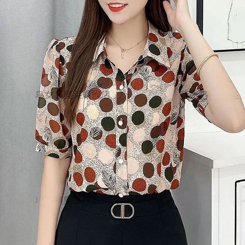 Office Lady Korean Polka Dot Shirt Women's Clothing Casual Single-breasted Summer New Turn-down Collar Loose Short Sleeve Blouse