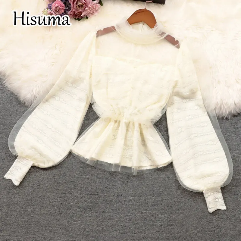 

Женская кружевная блузка, элегантная приталенная блузка с рукавами-фонариками и высоким воротником, шикарная Милая рубашка, новинка зимы 2022