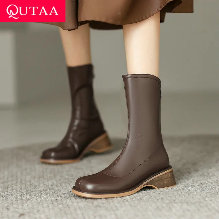 

QUTAA 2023 Women Ankle Boots Concise Office Ladies Microfiber Thick Med Heels Round Toe Shoes Woman Autumn Winter Size 34-39
