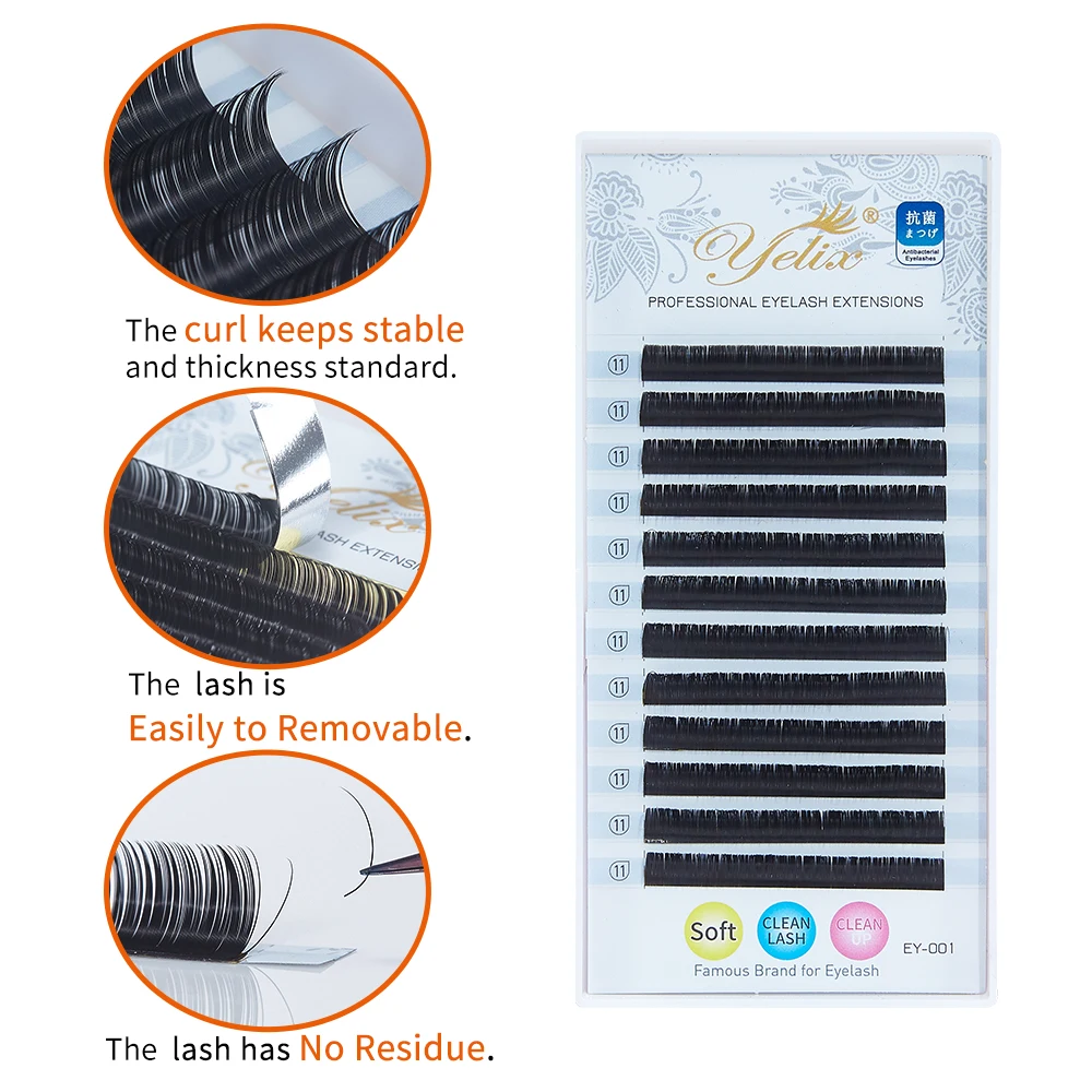 Yelix Eyelash Extension 12 Lines/Tray Silk Cilios Soft Professionals Individual Eye Lash Extensions C/CC/D Curl False Lashes