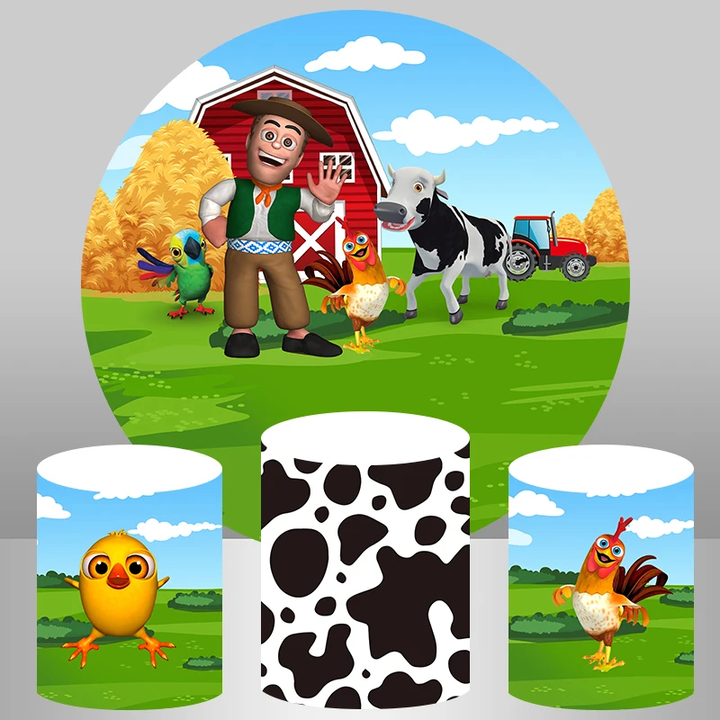 

Farm Animals Round Backdrops Bird Chicken Kid's Birthday Party Baby Shower Circle Background Elastic Round Table Cover