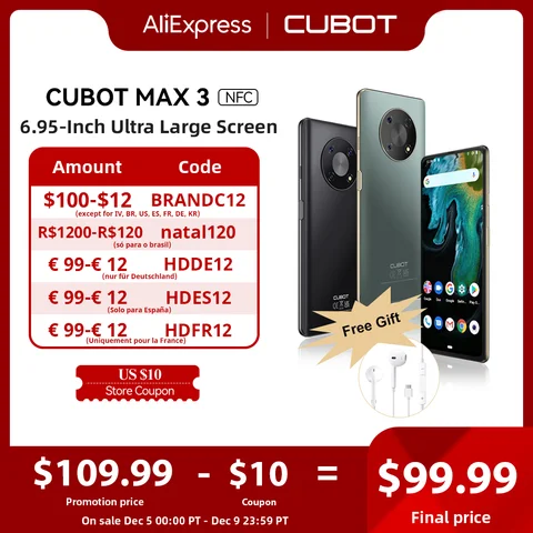 Смартфон Cubot MAX 3, 6,95-дюйма большой полноэкранный экран, мини-планшет, мобильный телефон, 48МП тройная камера, массивная батарея 5000мАч, Android 11, NFC...