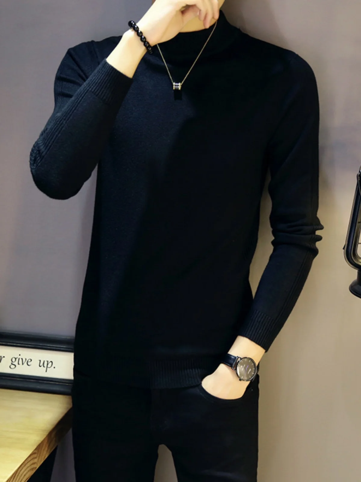 Half-high Collar Base Sweater Men's 2024 New Autumn and Winter Slim fit Tight White Black Middle Knit Inner wear