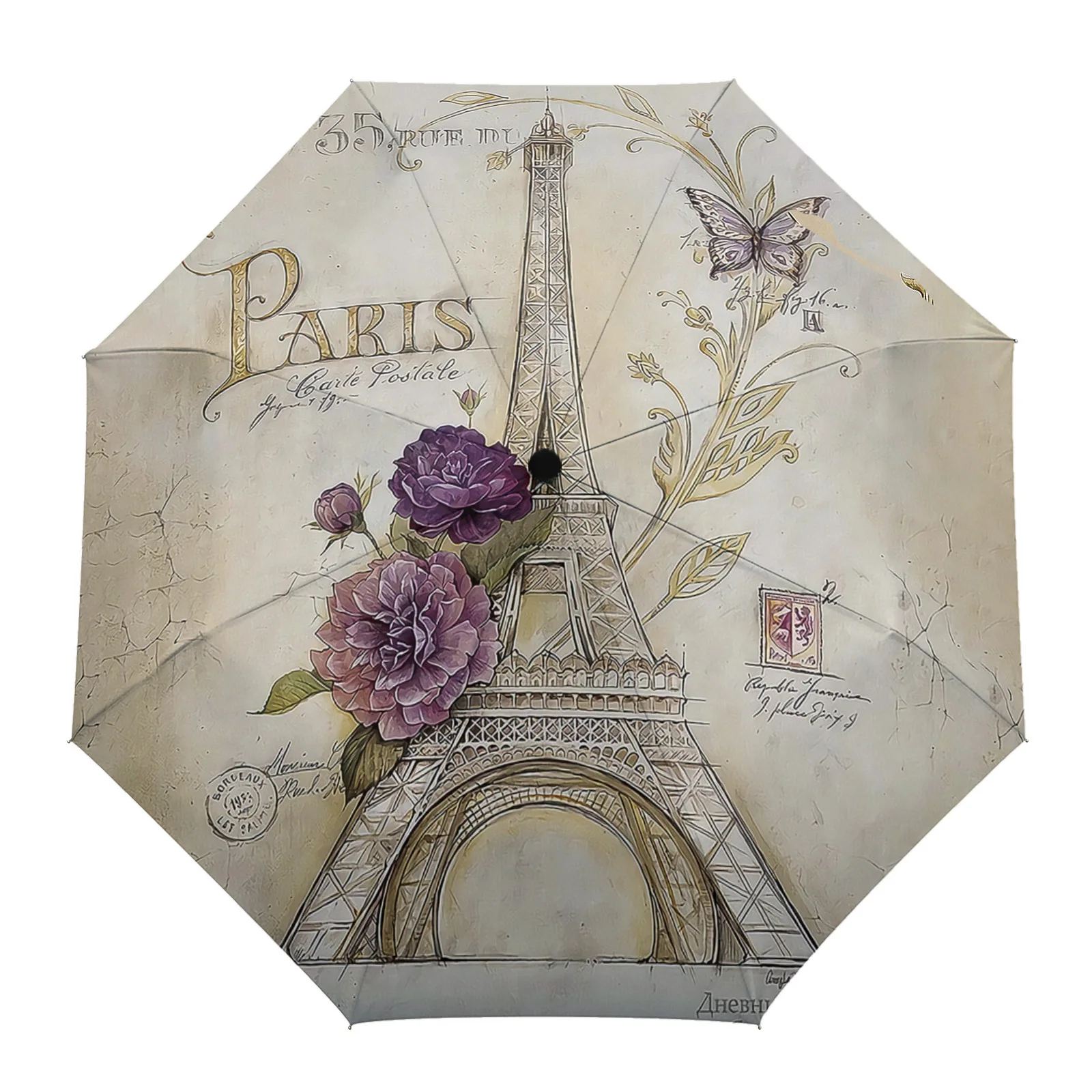 

Eiffel Tower Flowers Butterfly Creative Umbrella Rain Women Automatic Three Folding Umbrellas Windproof Parasol Parapluie