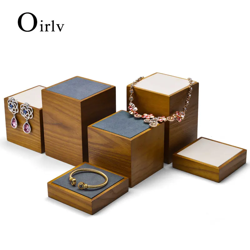 Oirlv Solid Wood Jewelry Display Props Set 3 Pieces Square Jewelry Display Stand For Ring Necklace Bracelet Holder Display Props