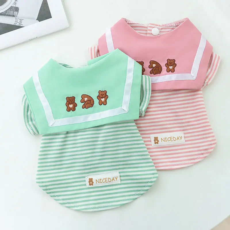 

Puppy Vest Green Striped Dog Clothes Summer Thin Section Lapel Bear T-shirt Navy Collar Pet Clothing Breathable Two-legged Cloth
