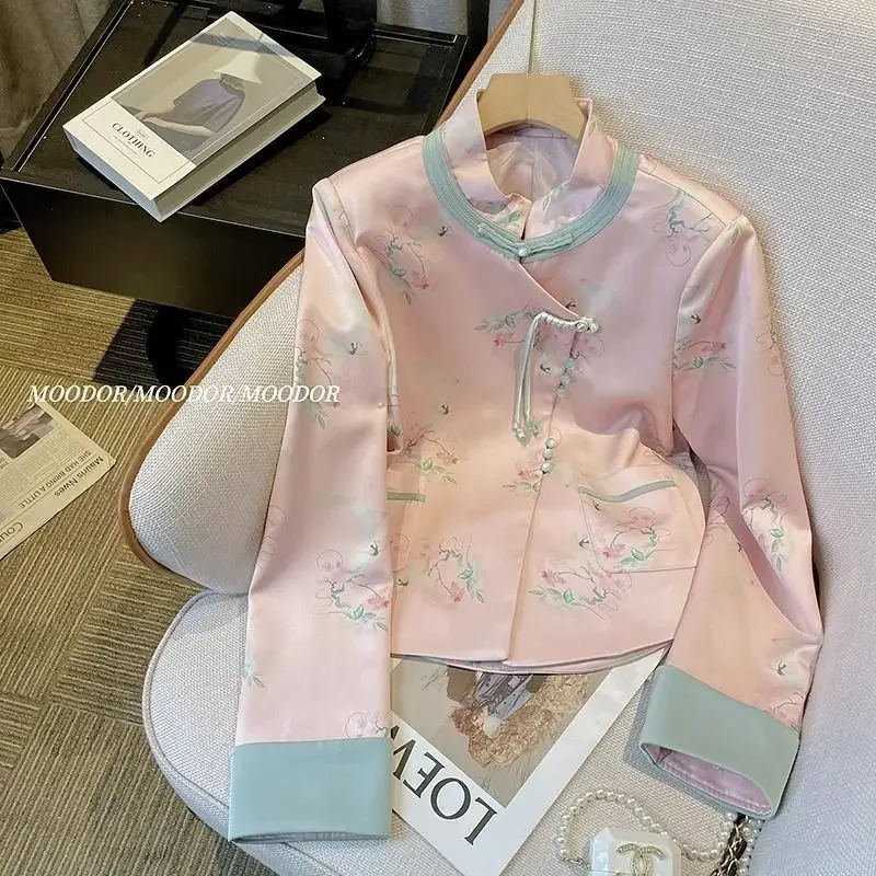 Укороченная куртка в стиле Дзен Женский Осенний Топ Songjiang Pink Acid Hanfu Новый