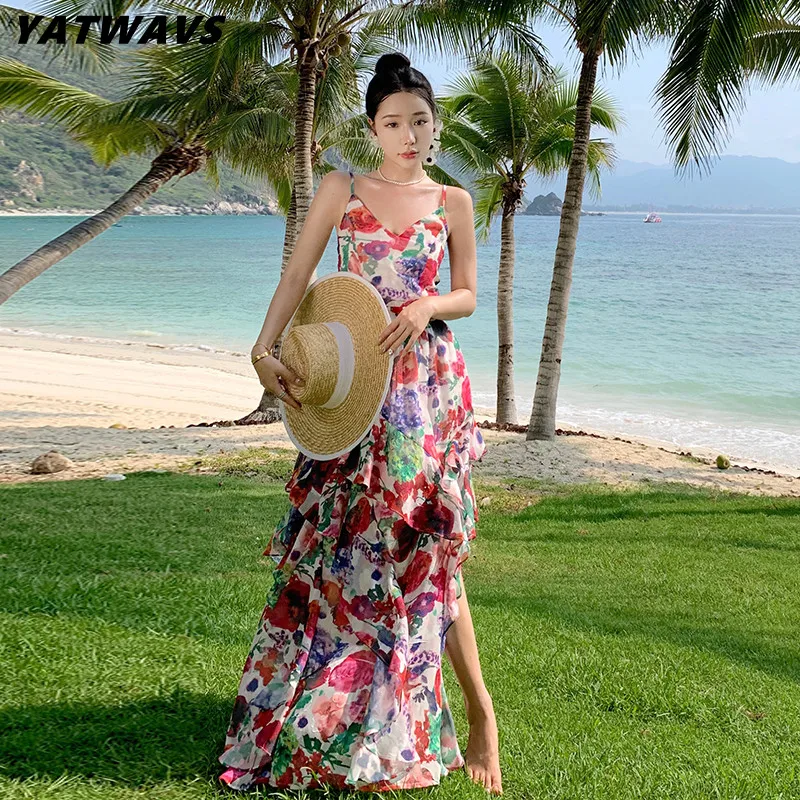 

French Vintage Flower Print Beach Dresses For Women Sexy Spaghetti Strap Dress Ladies Luxury Ruffle Bohemian Split Long Dress