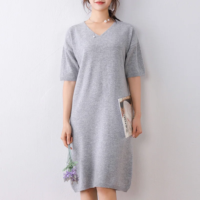 

High-End Cashmere V- Neck Women Casual Long Knees Dresses Sweater Autumn Winter Loose Soft Knitted Large Size Jumpes