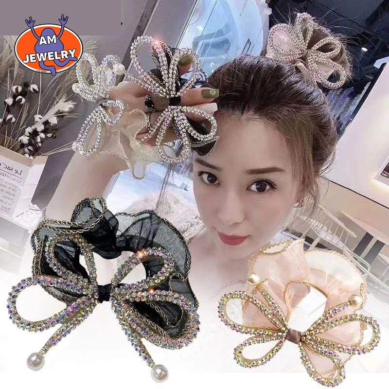 

Hair Ring Yarn Tube Bow Inlaid with Diamond Wood Ear Side Large Intestine Ring Head Rope Ball Head Coil Hair Head Flower Girl