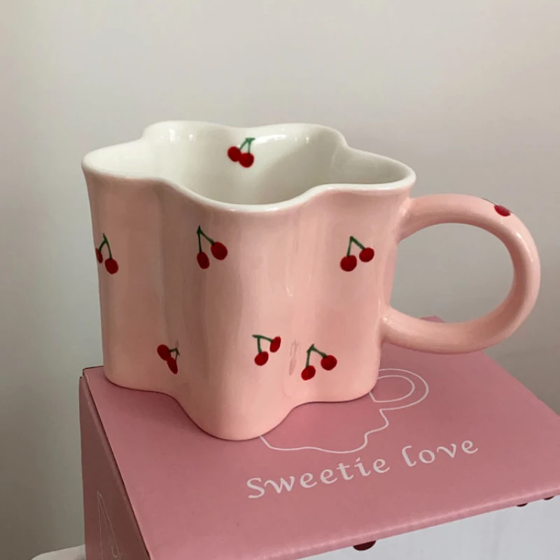 

Creative Cup Pink Cherry350ml Creative Irregular Flower Shape Coffee Mug Cute Afternoon Tea Breadfast Milk Tea Office Home Cups