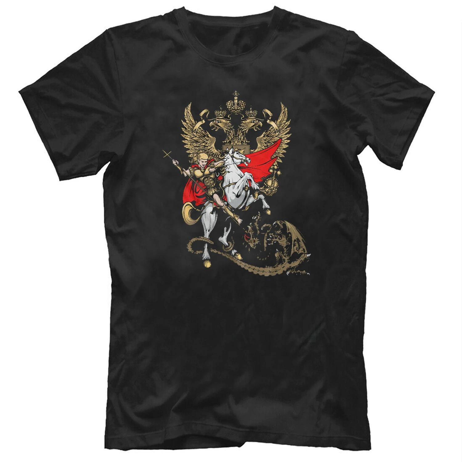 

St.George The Victorious and The Coat of Arms of Russia T-Shirt. Summer Cotton Short Sleeve O-Neck Unisex T Shirt New S-3XL