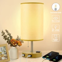 depuley modern table lamp with dual usb charging ports metal nightstand light round fabric shade for bedroom e26 bulb included