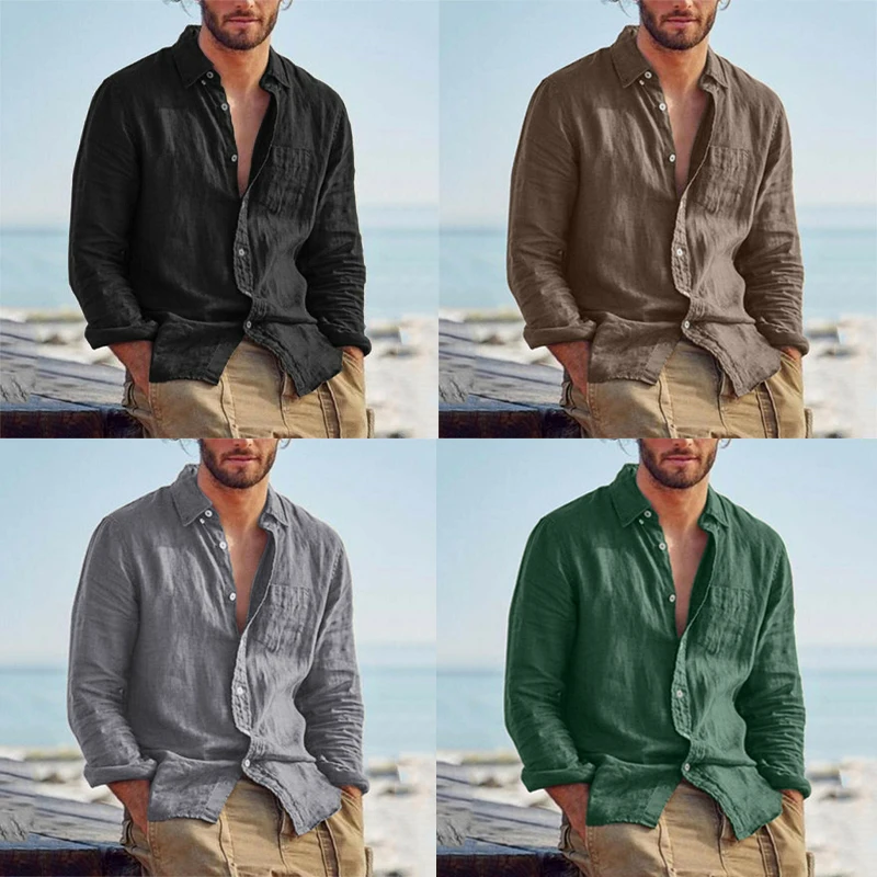 Summer Men's Baggy Solid Cotton Linen Shirt Long Sleeve Button Plus Size Tops M-3XL Hawaiian Beach Style Shirt Streetwear