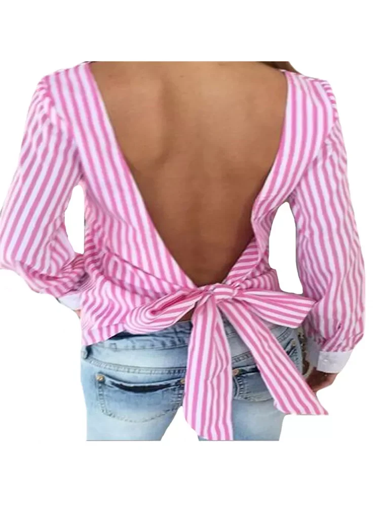 

CHSDCSI Tunic Tops Blouse Bow Women Long Sleeve Stripe Print Hollow Back Shirt Loose Pink Blue Blusa