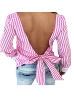 chsdcsi tunic tops blouse bow women long sleeve stripe print hollow back shirt loose pink blue blusa
