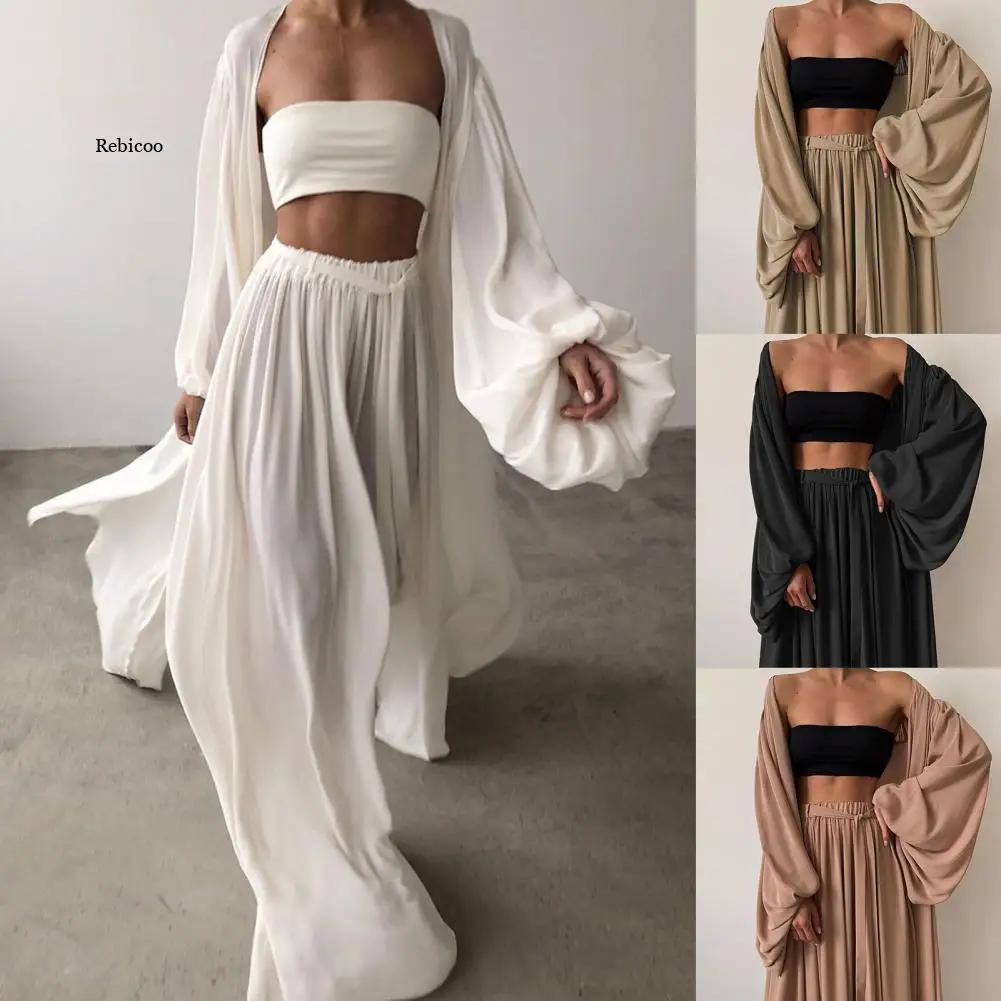 

3 шт./комплект, женский брючный костюм, Кардиган с длинным рукавом и широкие брюки