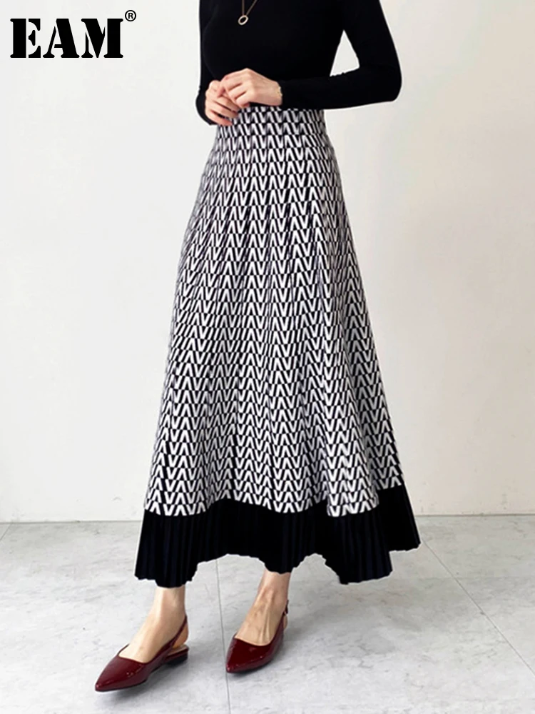 

[EAM] High Elastic Waist Black Striped Knitting Long Elegant Half-body Skirt Women Fashion Tide New Spring Autumn 2022 1DE9617
