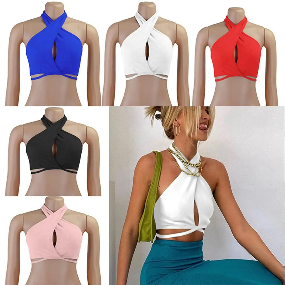 

Women Halterneck Vest Tops Sexy Chest Hollowed Sleeveless Backless Cross-strap Crop Top Solid Color Slim Fit Shirt For Summer