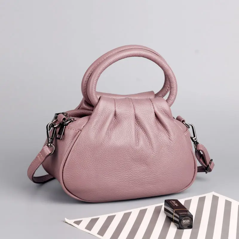 Leather Pleated Women's Bag Round Handle 2022 New Vintage Cow Leather Handbag Casual Simple Versatile Women's Crossbody Bag