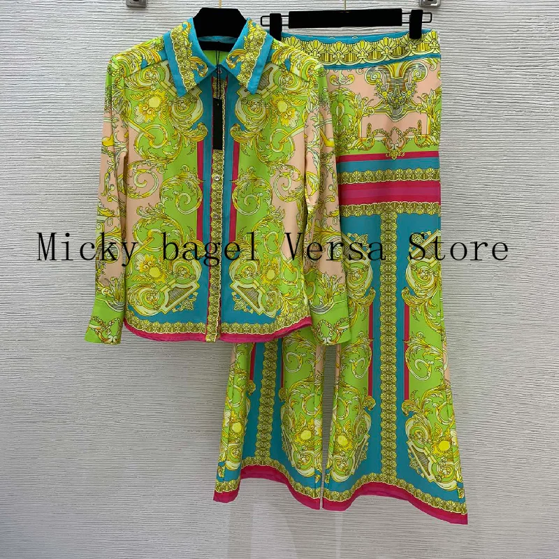 

high quality women's suit fashion Vintage Print button up Lapel long sleeved shirt + high waist thin wide leg pants casual pants