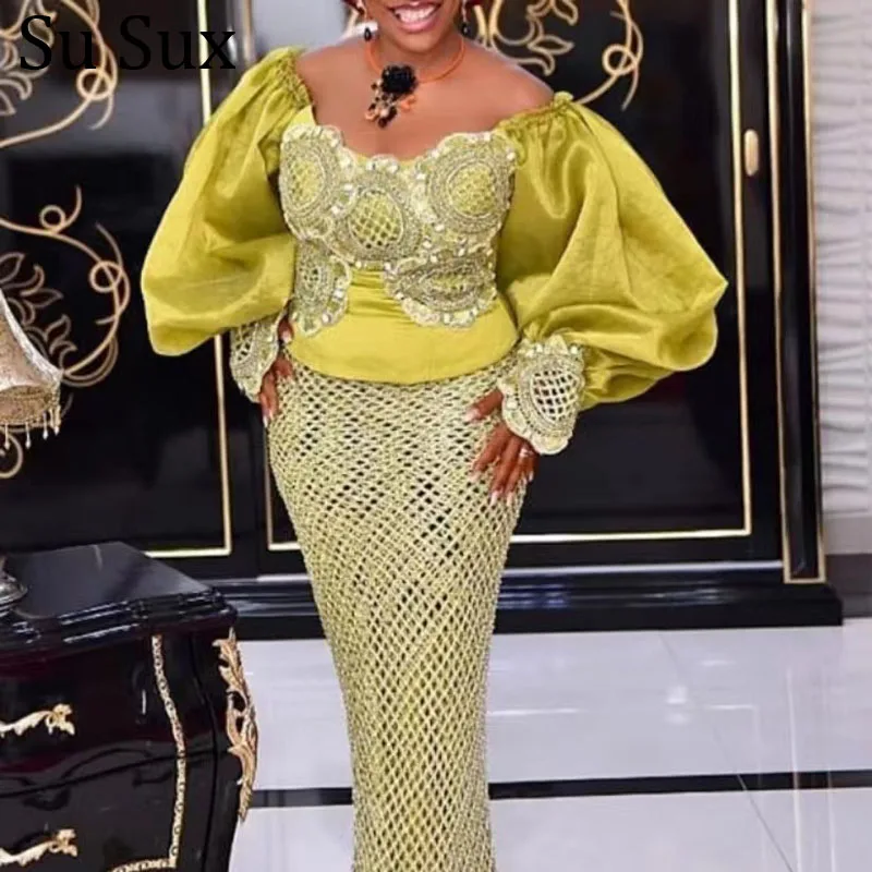 

Women Bodycon Dress African Clothes For Women Embroidered Lace Puff Sleeve Maxi Dresses Party Evening Birthday Celebrity Clothes